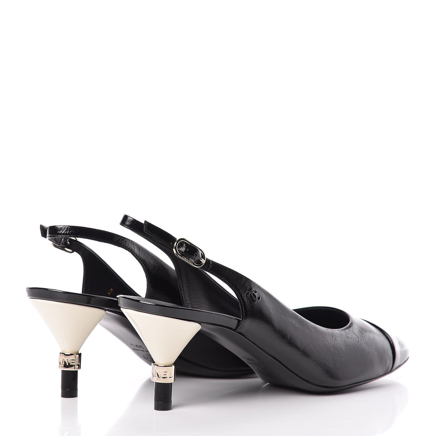 Crumpled Calfskin Patent Cap Slingback Pumps 39.5 Black