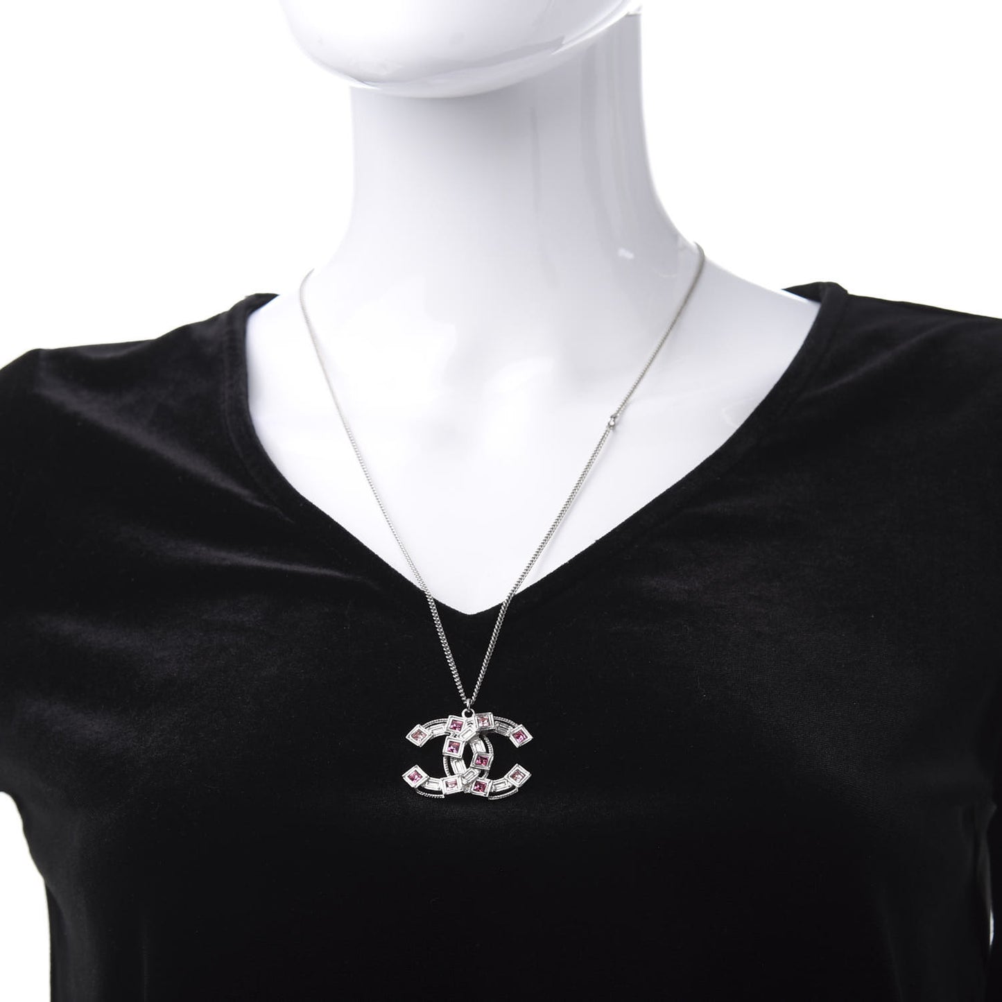 Crystal Baguette CC Pendant Necklace Pink Silver