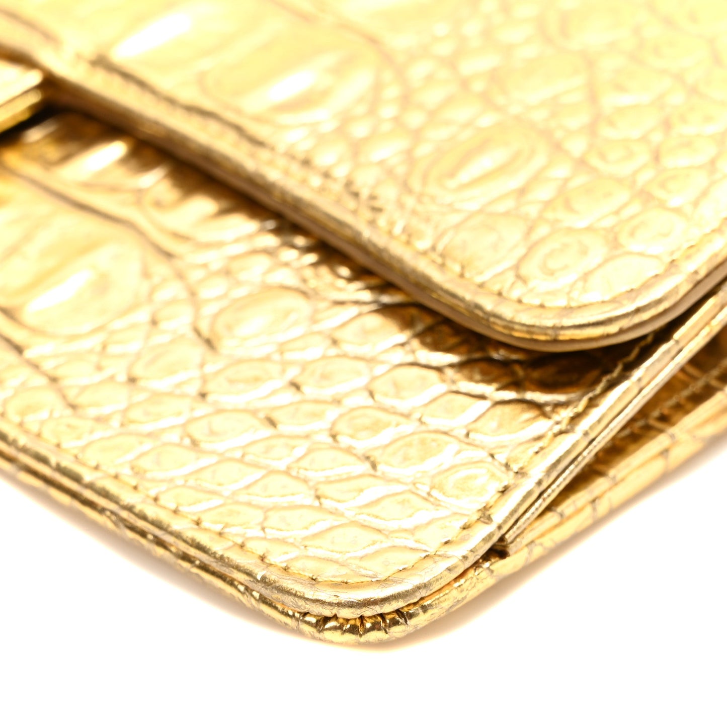 Calfskin Crocodile Embossed Cocodile Pouch With Chain Handle Gold