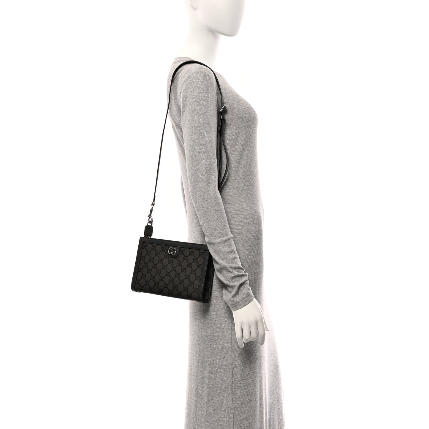 GG Supreme Monogram Textured Dollar Calfskin Web Small Ophidia Shoulder Bag  Grey Black Graphite Grey