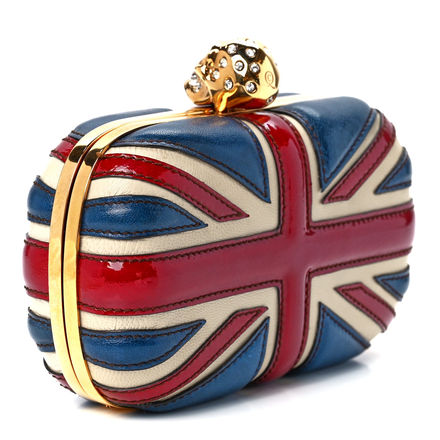 Patent Calfskin Britannia Skull Box Clutch Red Blue