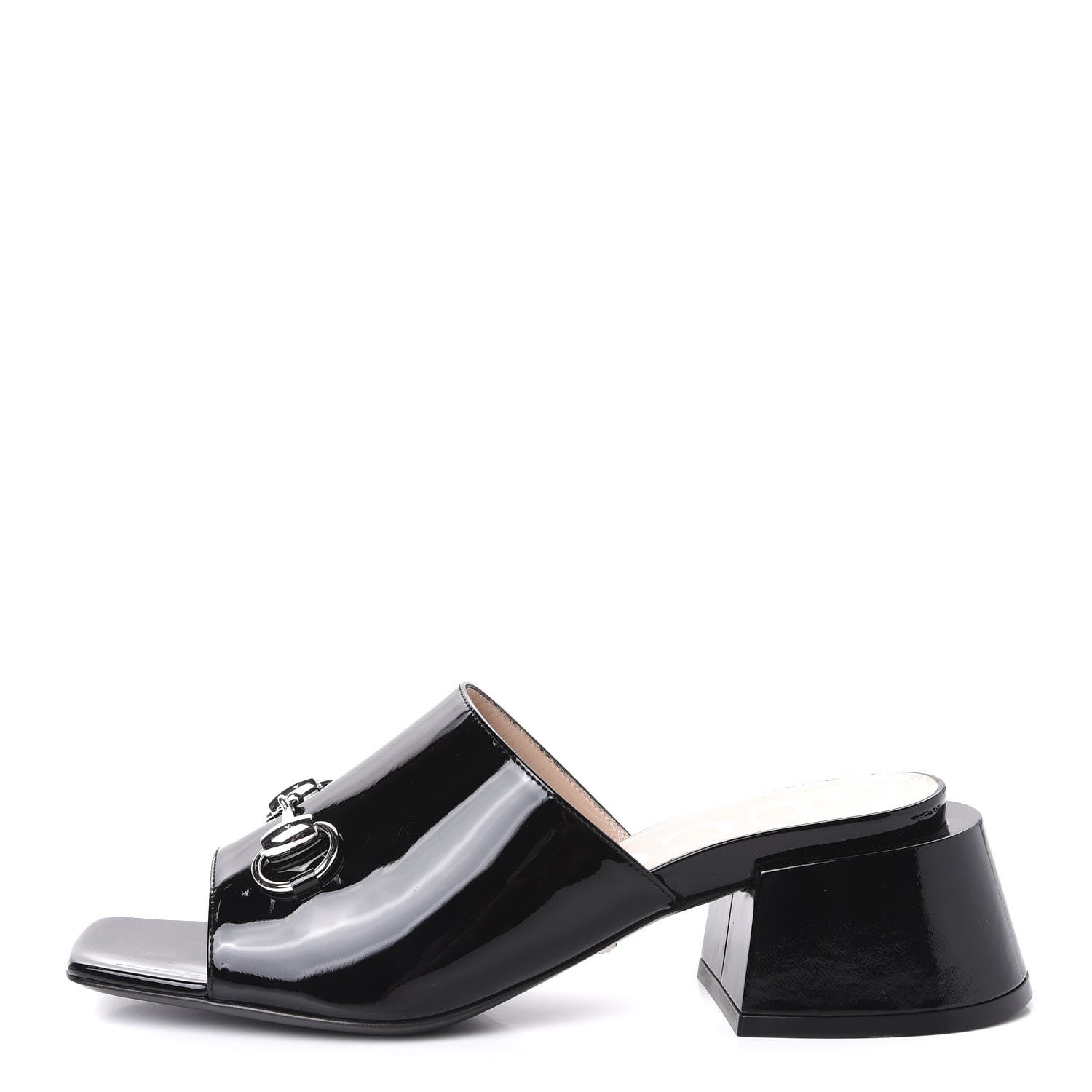 Gucci Patent Lexi Horsebit Mid-Heel Slide Sandals 37.5 Black 1 of 10