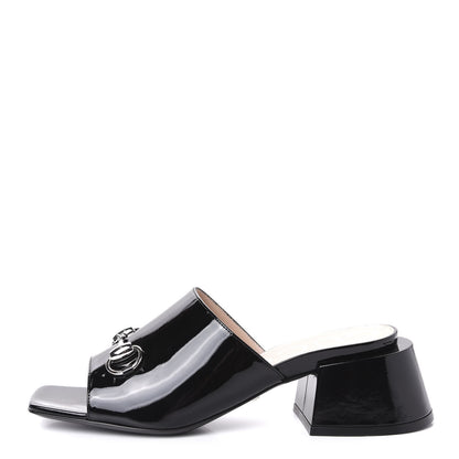 Gucci Patent Lexi Horsebit Mid-Heel Slide Sandals 37.5 Black 1 of 10