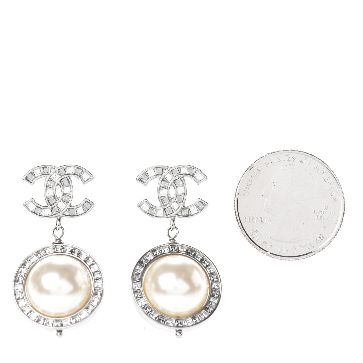 Chanel Baguette Crystal CC Pearl Drop Art Decoco Earrings Silver 2 of 5