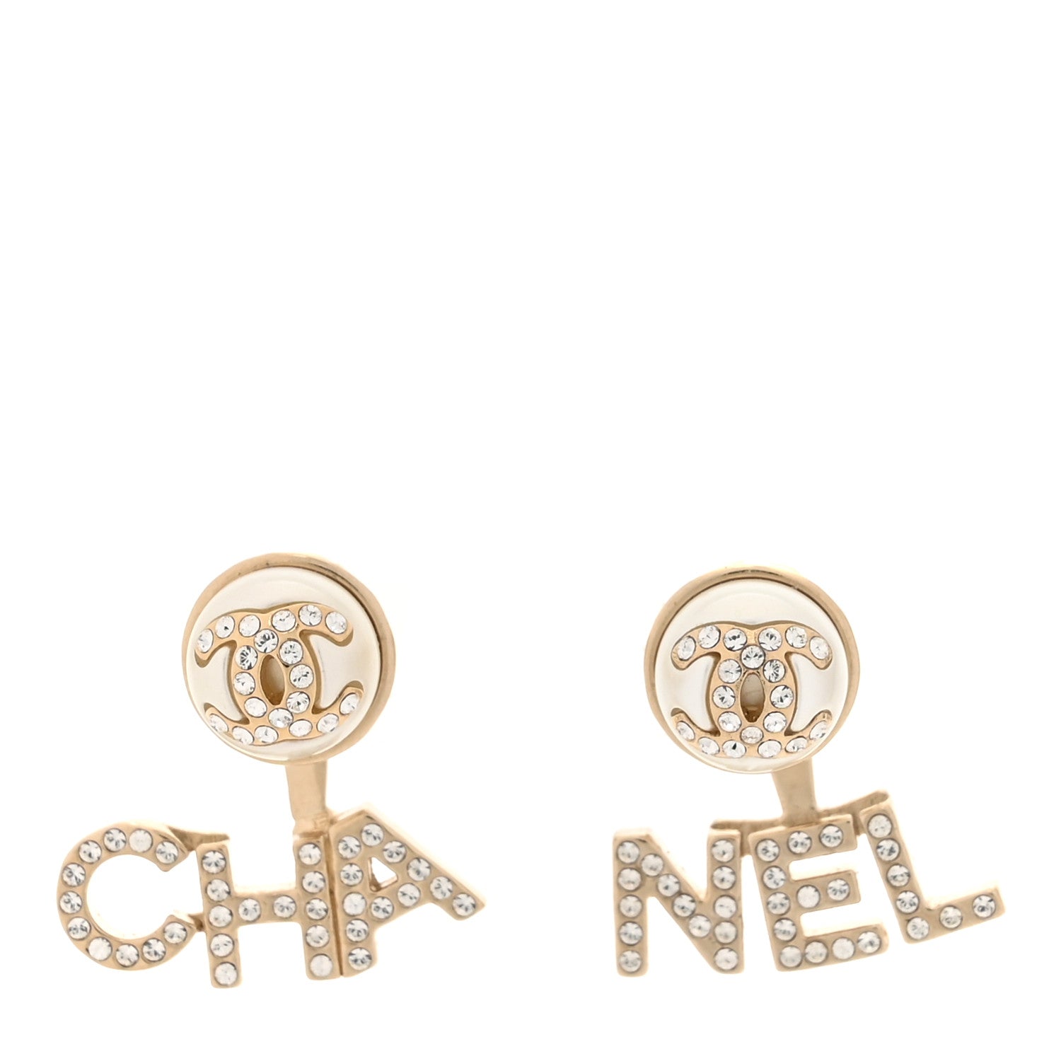 Chanel Pearl Crystal Logo Earrings Gold Pearly White 1 of 5