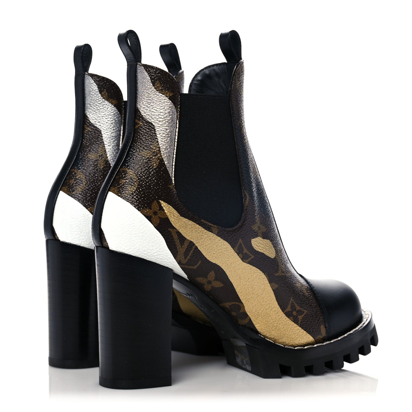 X LOL Patent Calfskin Monogram Star Trail Chelsea Ankle Boots 35.5 Gold Silver