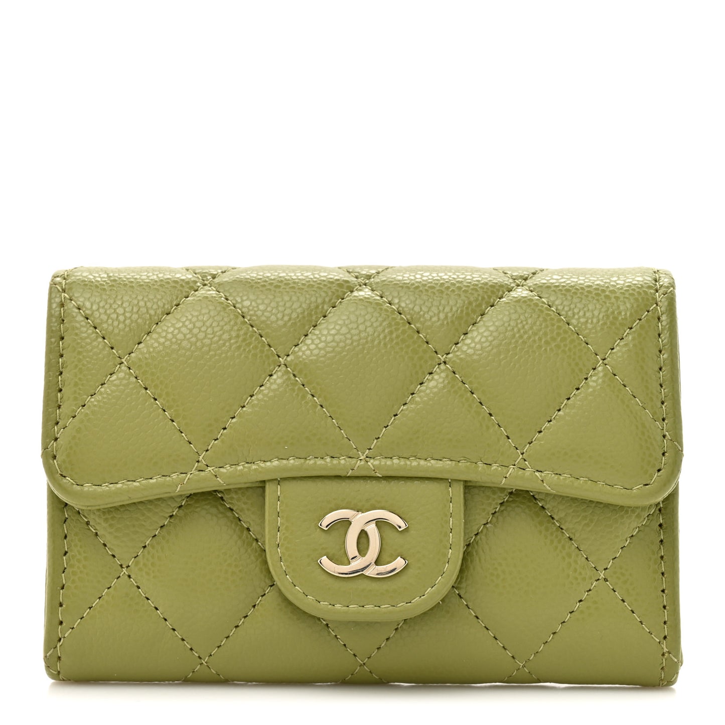 Caviar Quilted Flap Card Holder Wallet Khaki