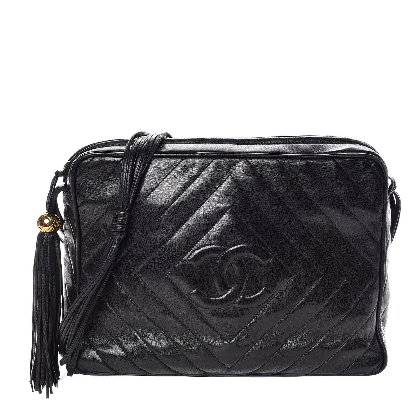 Lambskin Chevron Quilted Tassel Camera Case Black