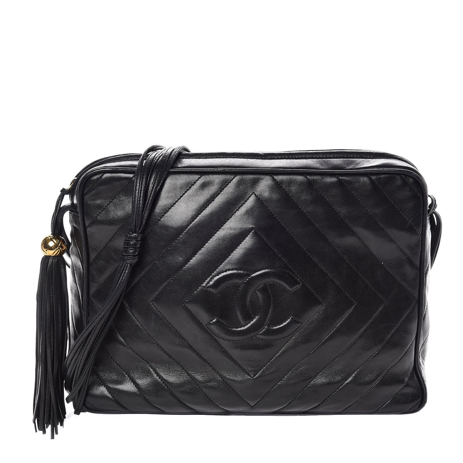 Chanel Lambskin Chevron Quilted Tassel Camera Case Black 1 of 16