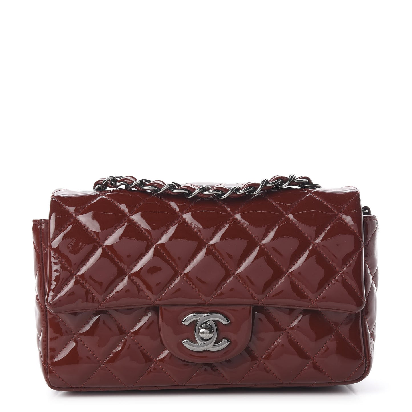 Patent Calfskin Quilted Mini Rectangular Flap Dark Red