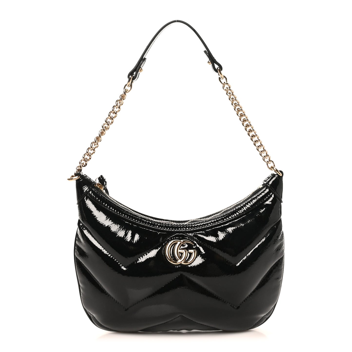 Patent Calfskin Matelasse GG Marmont Half Moon Hobo Black
