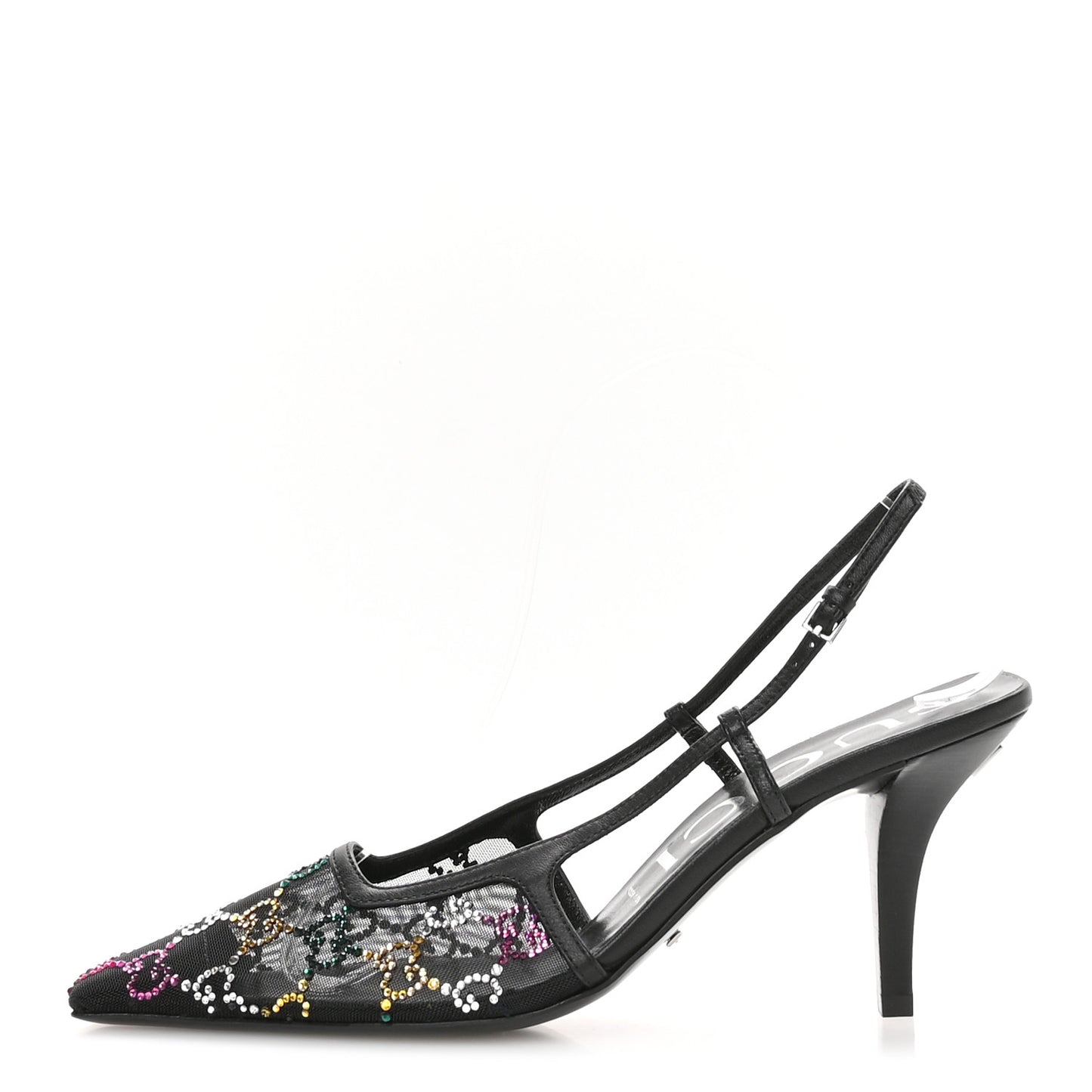 Tela Retino Nappa Charlotte Crystal GG Monogram Square G 75mm Slingback Pumps 38.5 Black
