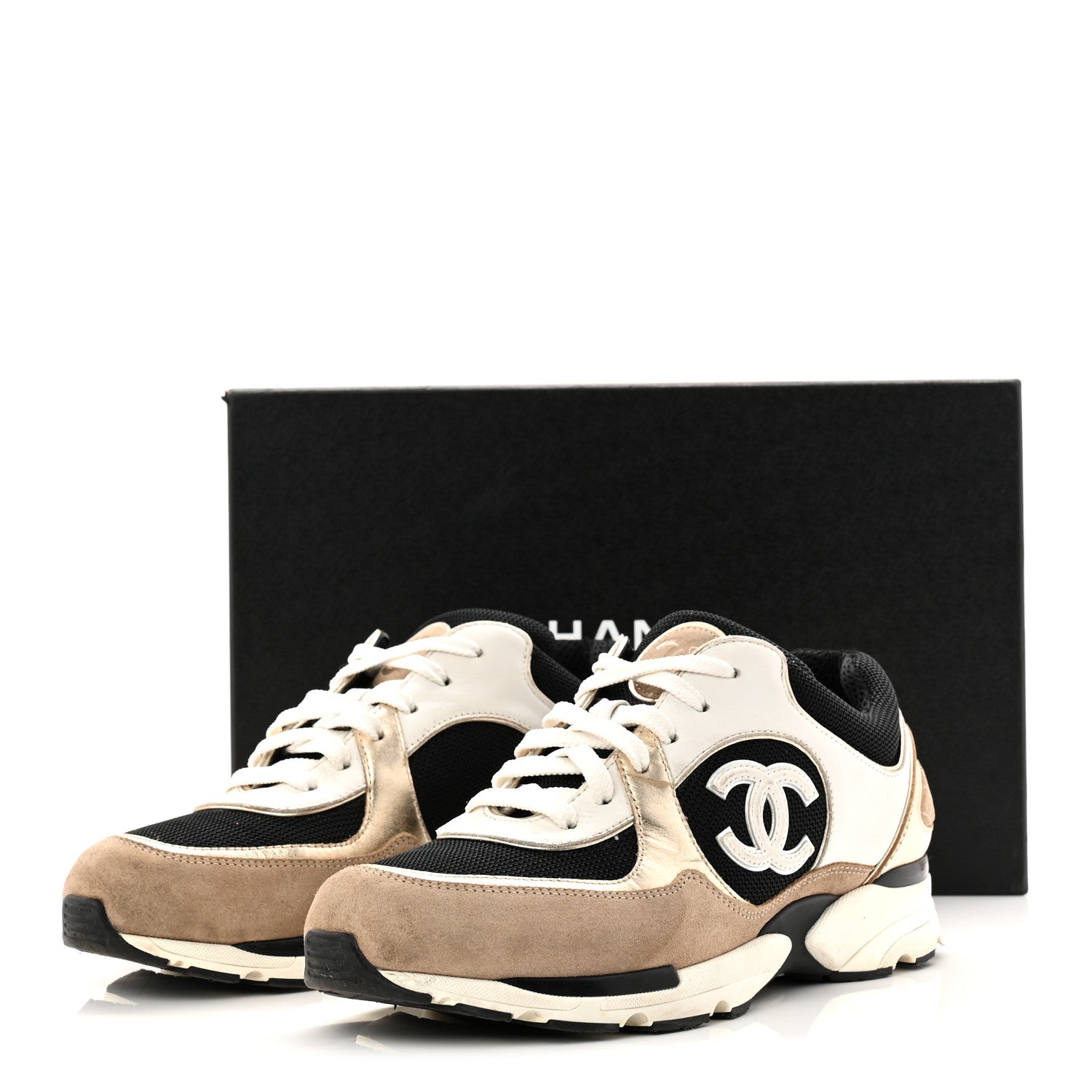 Chanel Mesh Suede Calfskin Grained Calfskin Womens CC Sneakers 41 White Black Beige Gold 11 of 11
