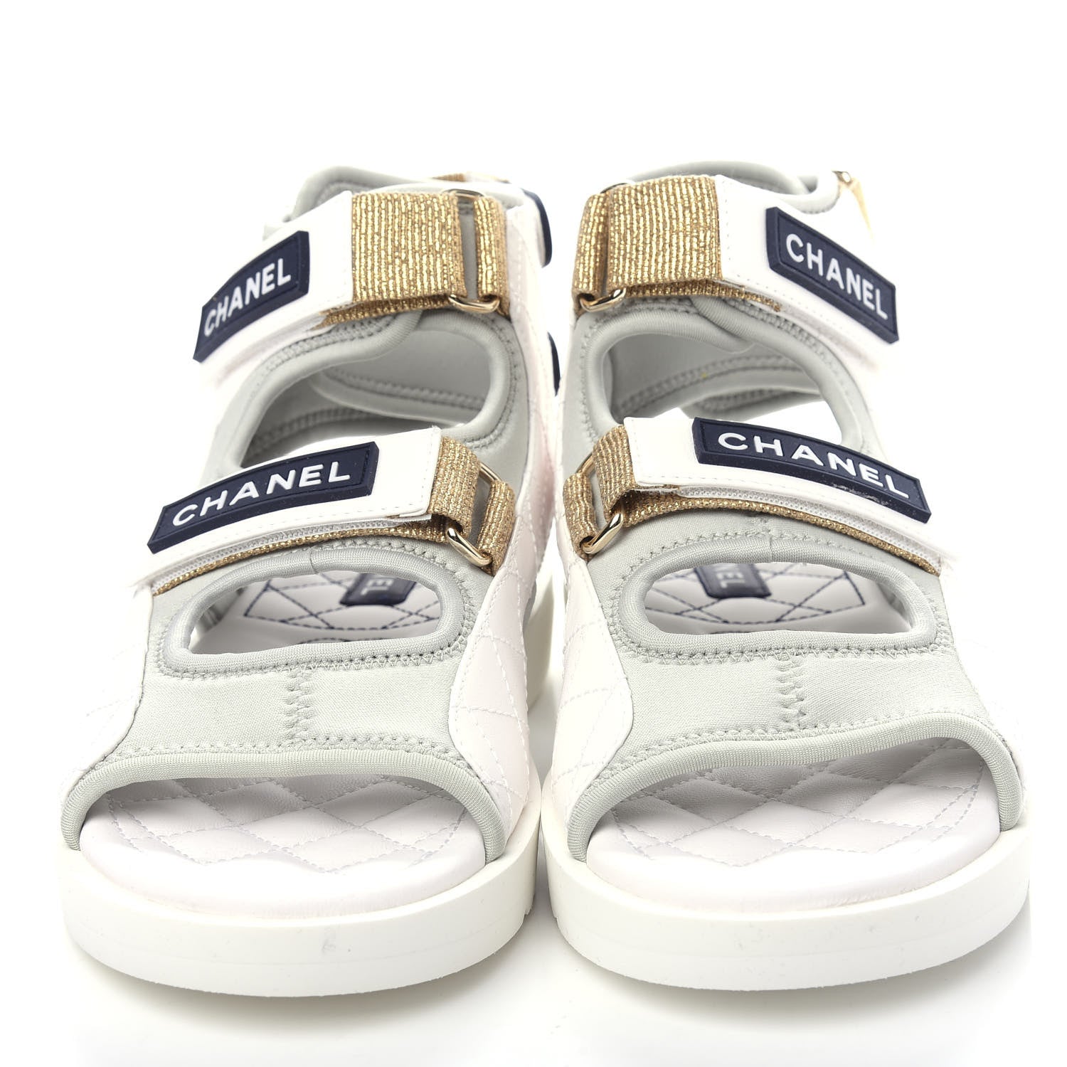 Chanel Goatskin Fabric Gladiator Sandals 37 White Light Grey Navy Blue 5 of 11