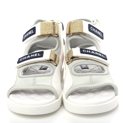 Chanel Goatskin Fabric Gladiator Sandals 37 White Light Grey Navy Blue 5 of 11