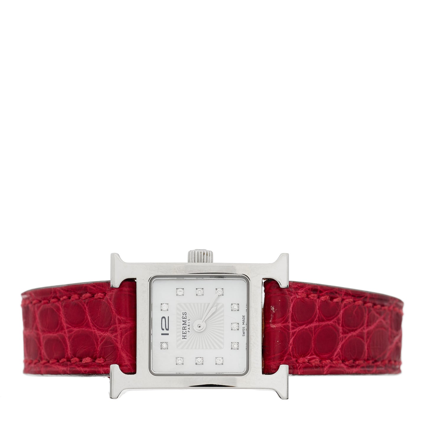 Stainless Steel Alligator Diamond Mother of Pearl 17.2mm Heure H Hour Quartz Watch Braise