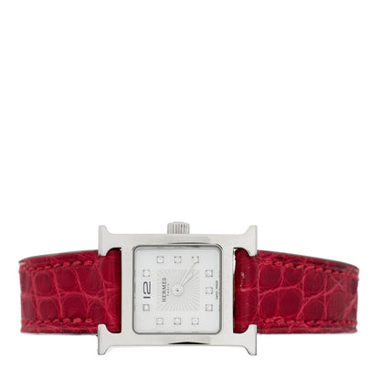 Hermes Stainless Steel Alligator Diamond Mother of Pearl 17.2mm Heure H Hour Quartz Watch Braise 3 of 5