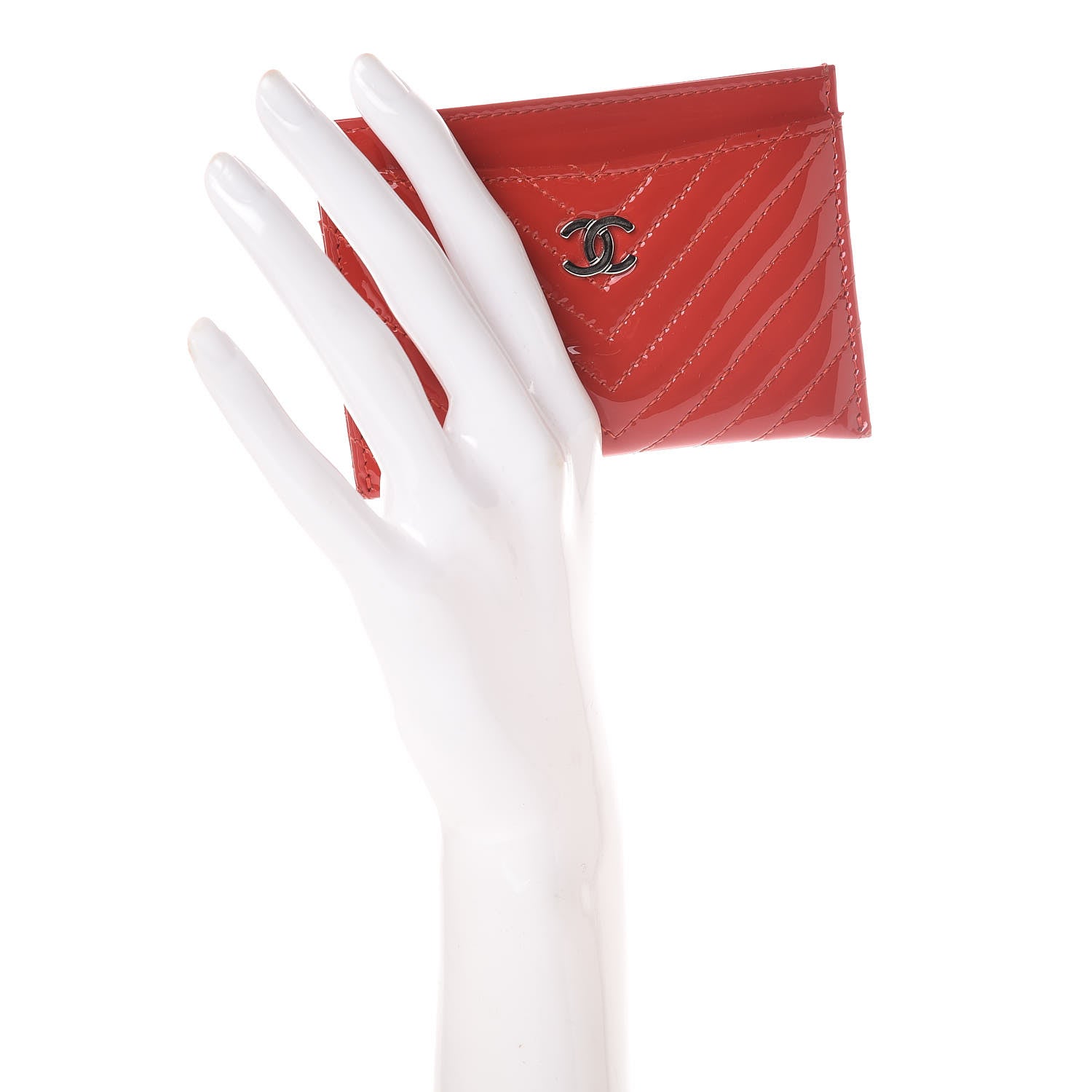 Chanel Patent Quilted Chevron Card Holder Red 2 of 10