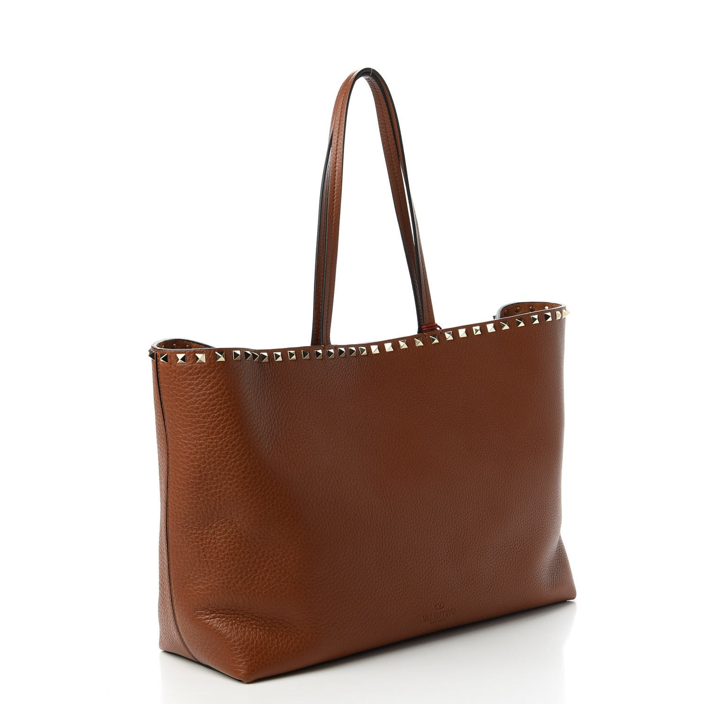Grained Calfskin Rockstud Shoulder Tote Bright Cognac