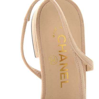 Chanel Kid Suede Satin Cap Toe CC Slingback Pumps 37.5 Beige Black 7 of 10