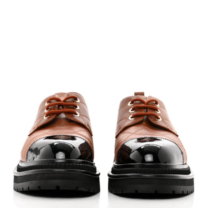 Chanel Calfskin Patent Stitched Cap Toe Lace Up Oxfords 39 Brown Black 2 of 7