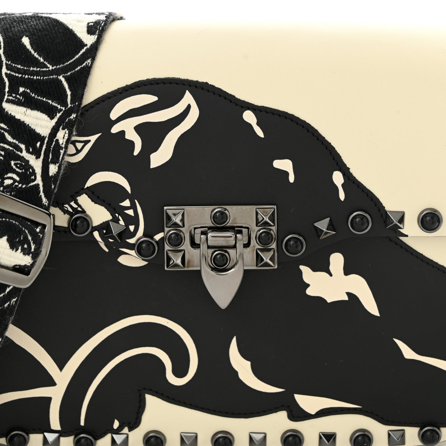 Calfskin Panther Medium Guitar Strap Rockstud Rolling Flap Saddle Bag Light Ivory Black