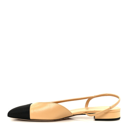 Chanel Goatskin Grosgrain Cap Toe CC Slingback Sandals 41 Beige Black 1 of 8