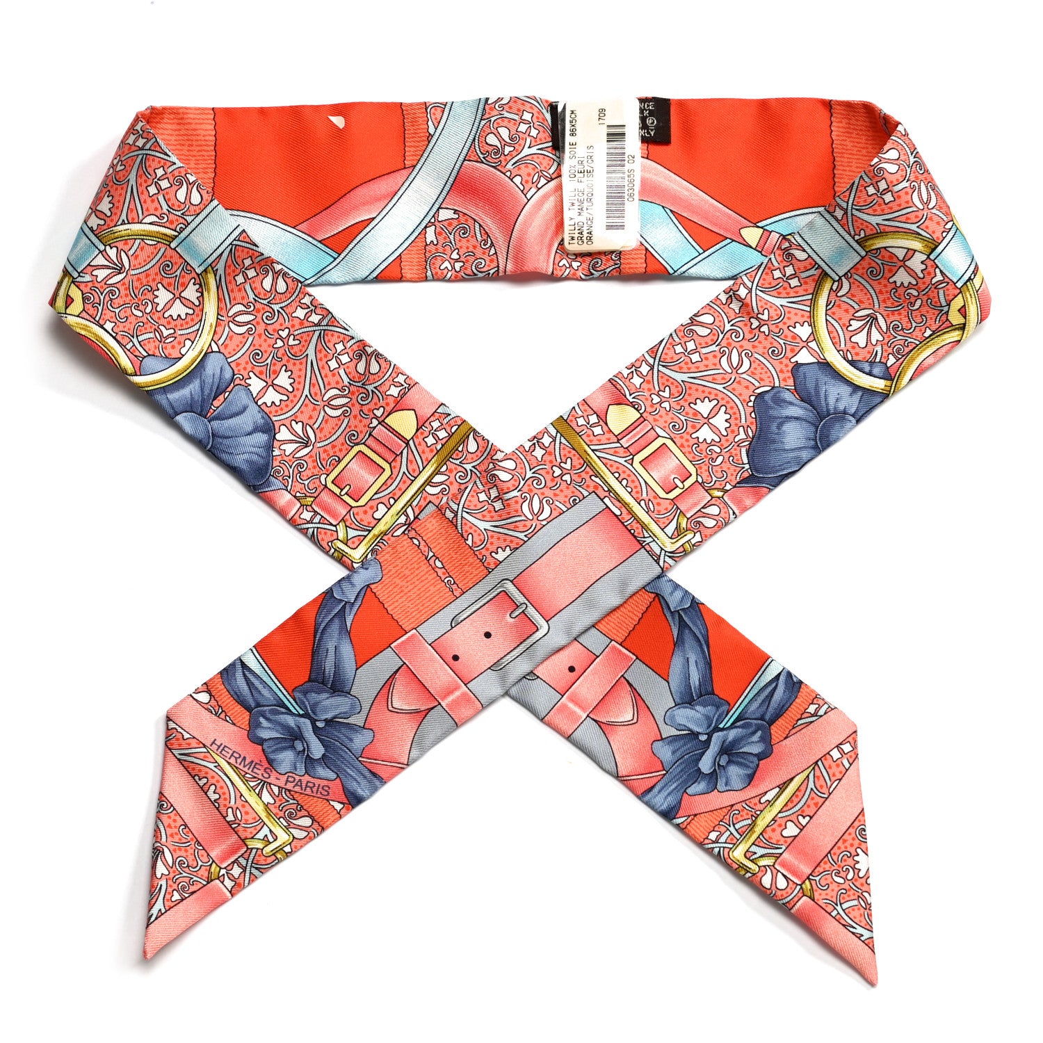Hermes Silk Grand Manege Fleuri Twilly Orange Turquoise Gris 1 of 4