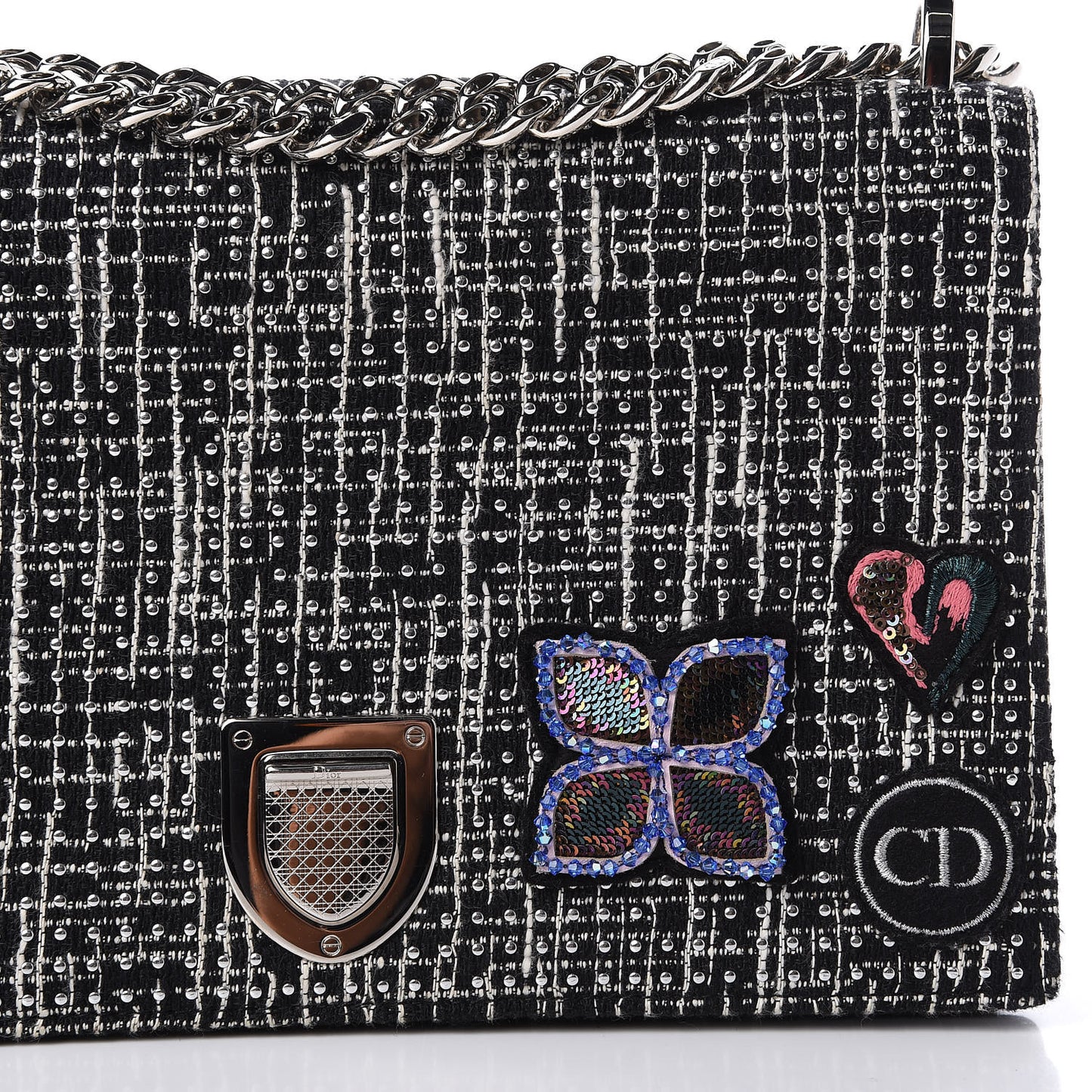 Tweed Embellished Diorama Flap Bag Black White