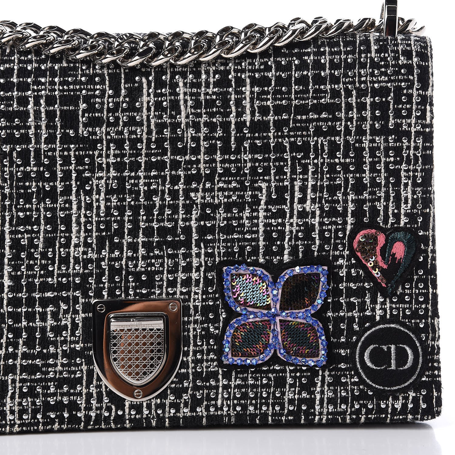 Christian Dior Tweed Embellished Diorama Flap Bag Black White 10 of 10