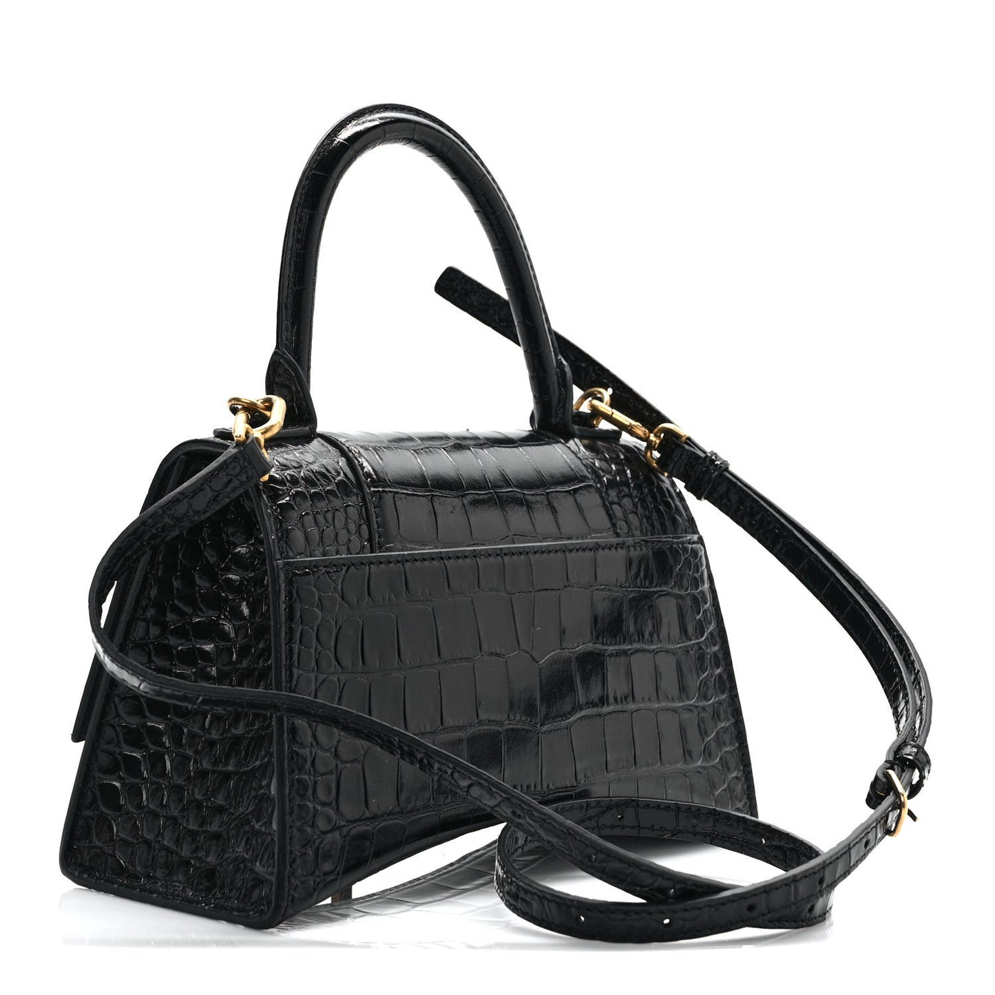 Shiny Calfskin Crocodile Embossed Small Hourglass Top Handle Bag Black