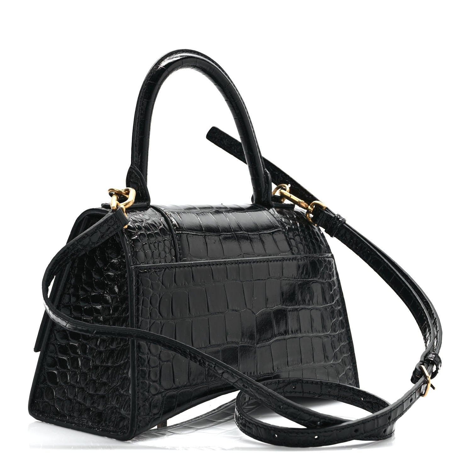 Balenciaga Shiny Calfskin Crocodile Embossed Small Hourglass Top Handle Bag Black 2 of 9