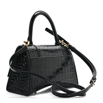 Balenciaga Shiny Calfskin Crocodile Embossed Small Hourglass Top Handle Bag Black 2 of 9