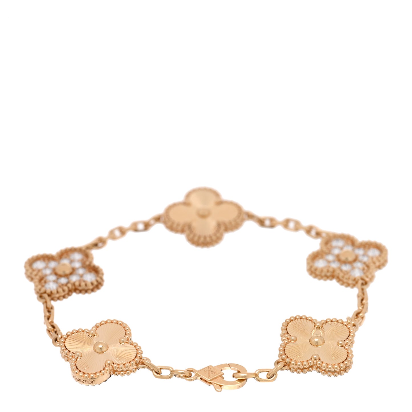18K Yellow Gold Diamond 5 Motifs Guilloche Vintage Alhambra Bracelet