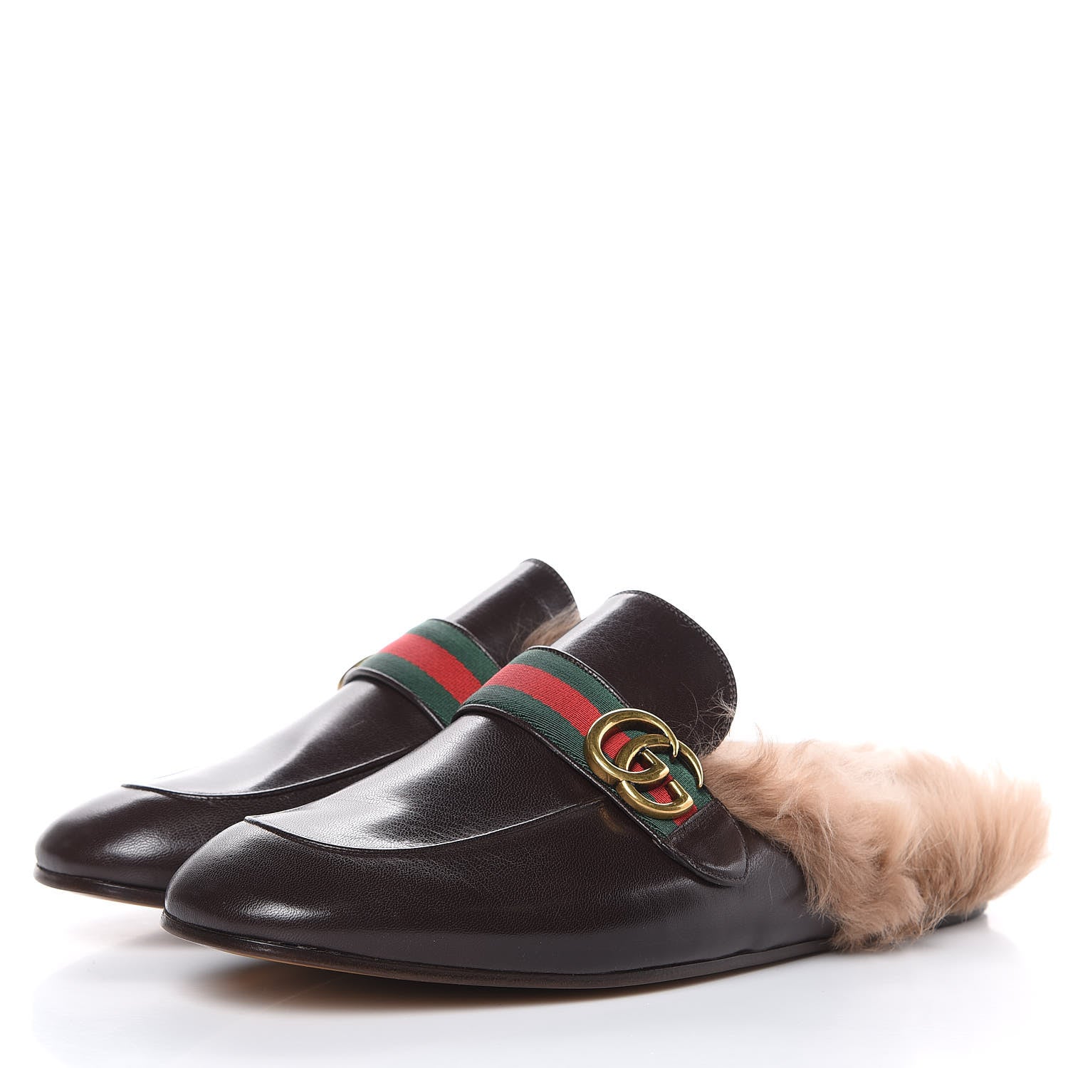 Gucci Goatskin Fur Web GG Mens Princetown Slippers 11 Cocoa 3 of 8