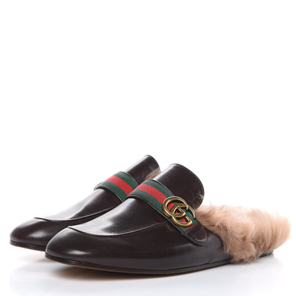 Gucci Goatskin Fur Web GG Mens Princetown Slippers 11 Cocoa 3 of 8