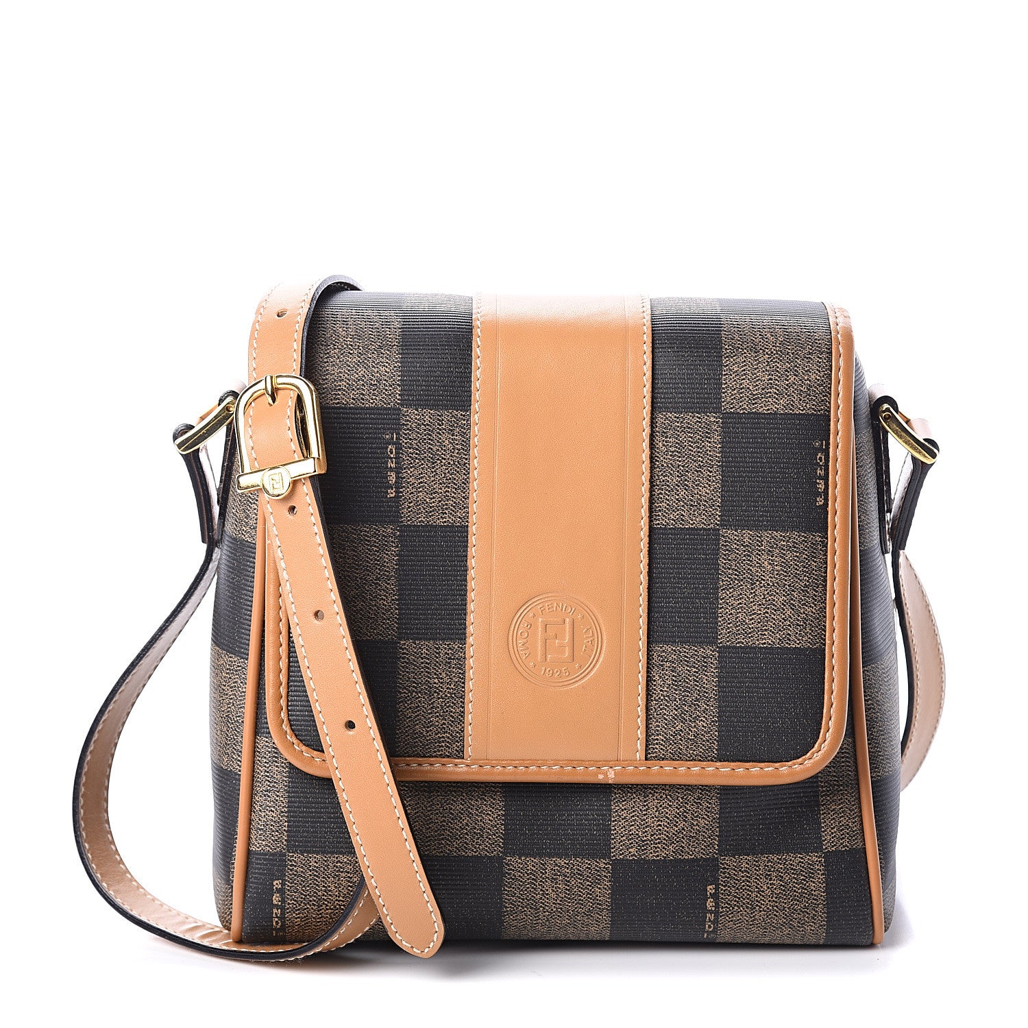 Fendi Coated Canvas Checkered Crossbody Bag Tobacco Tan 1 of 7