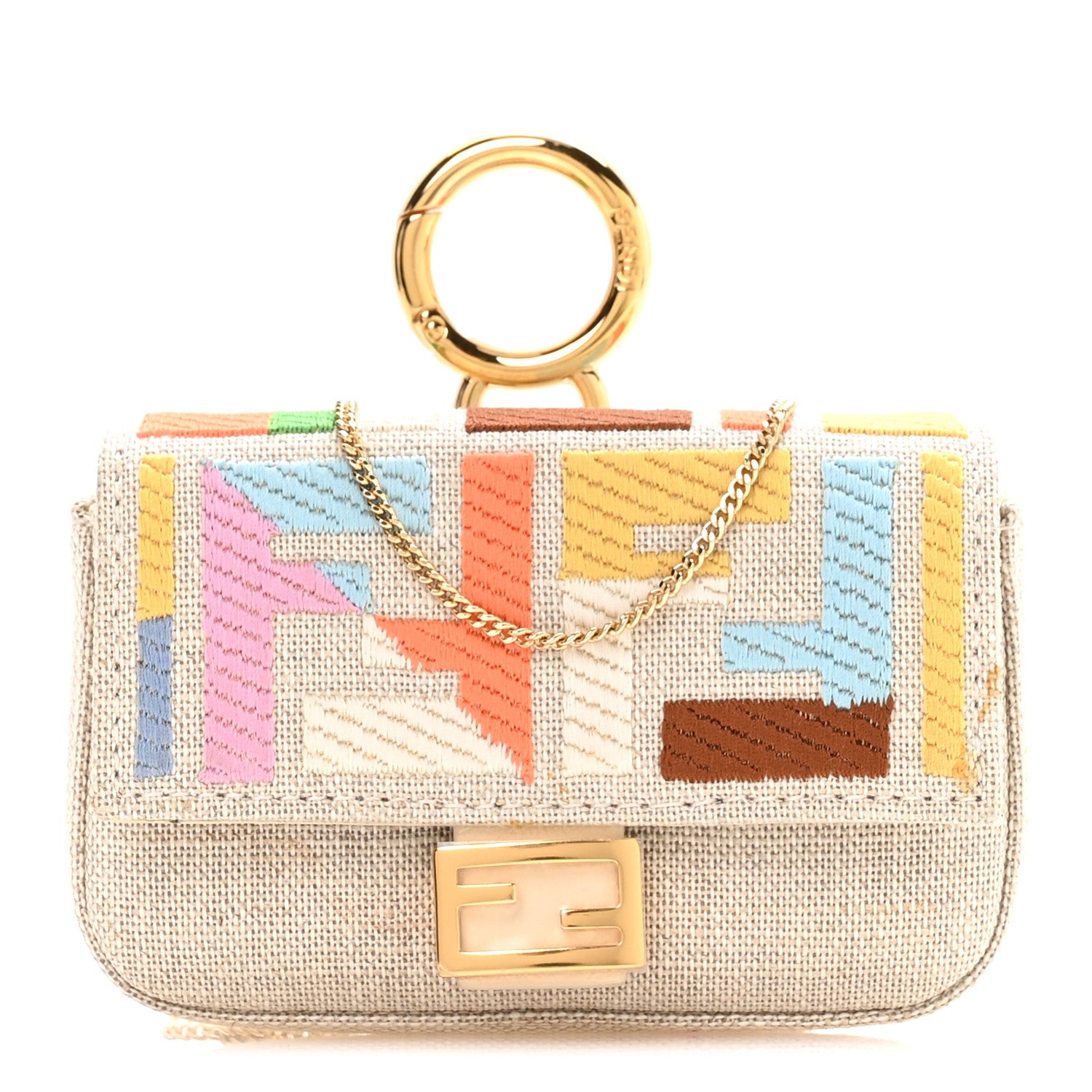 Fendi Kuban Canvas FF Embroidered Nano Baguette Charm Grezzo Multicolor 1 of 11