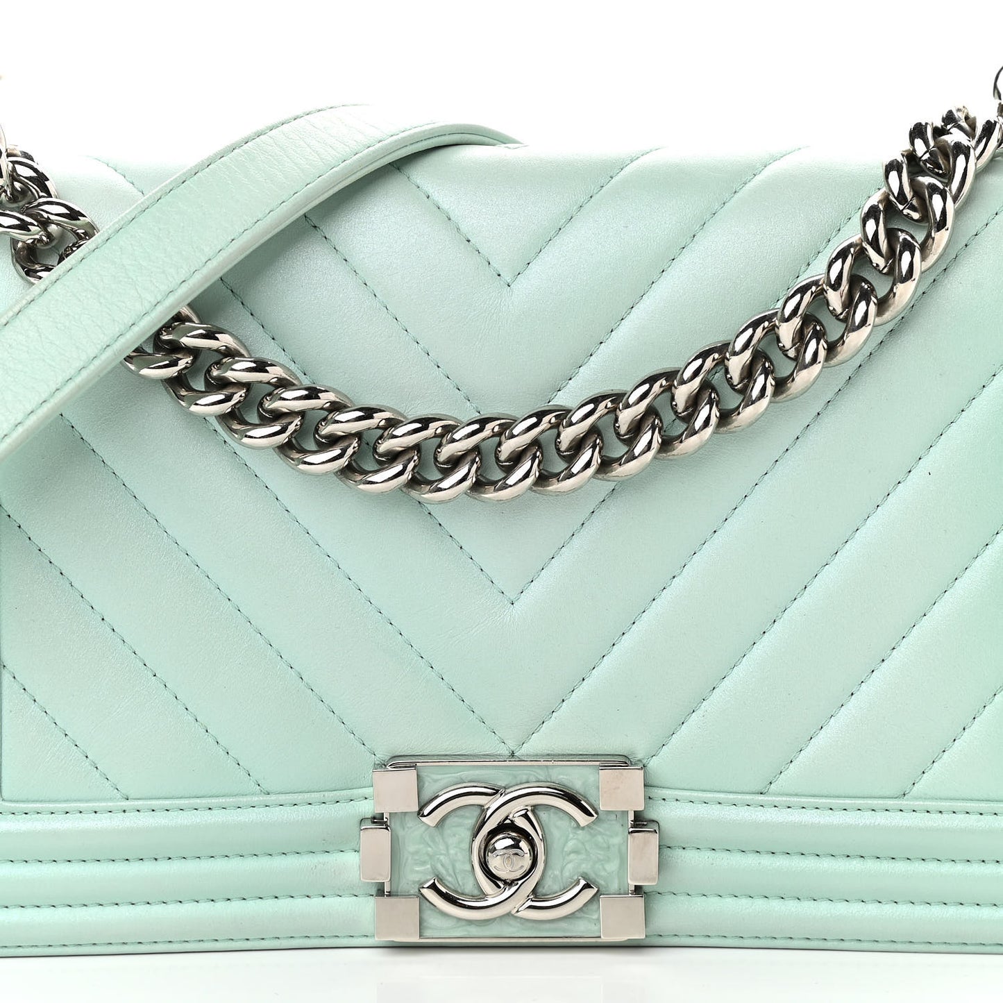 Iridescent Lambskin Chevron Quilted Medium Boy Flap Turquoise
