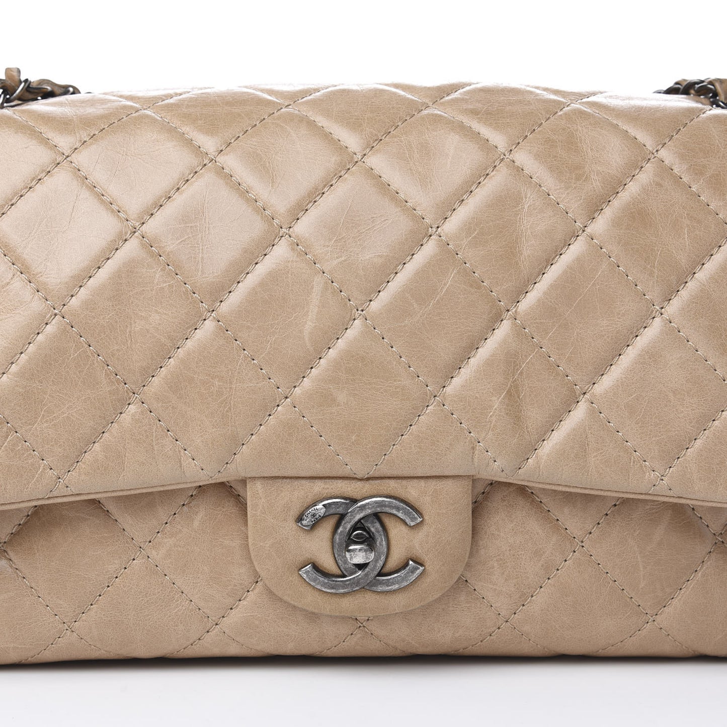 Glazed Calfskin Quilted Large Coco Soft Flap Beige