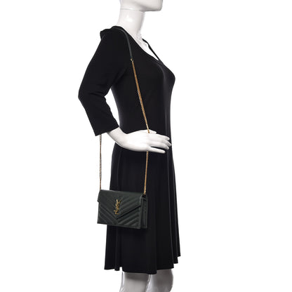 Saint Laurent Grain De Poudre Matelasse Chevron Monogram Envelope Chain Wallet Dark Green 2 of 9