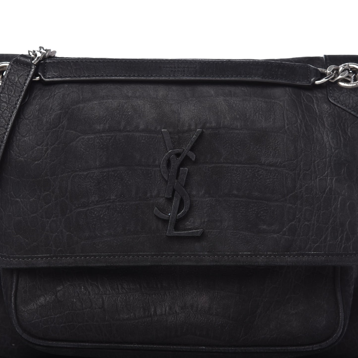 Nubuck Crocodile Embossed Monogram Medium Niki Chain Satchel Black