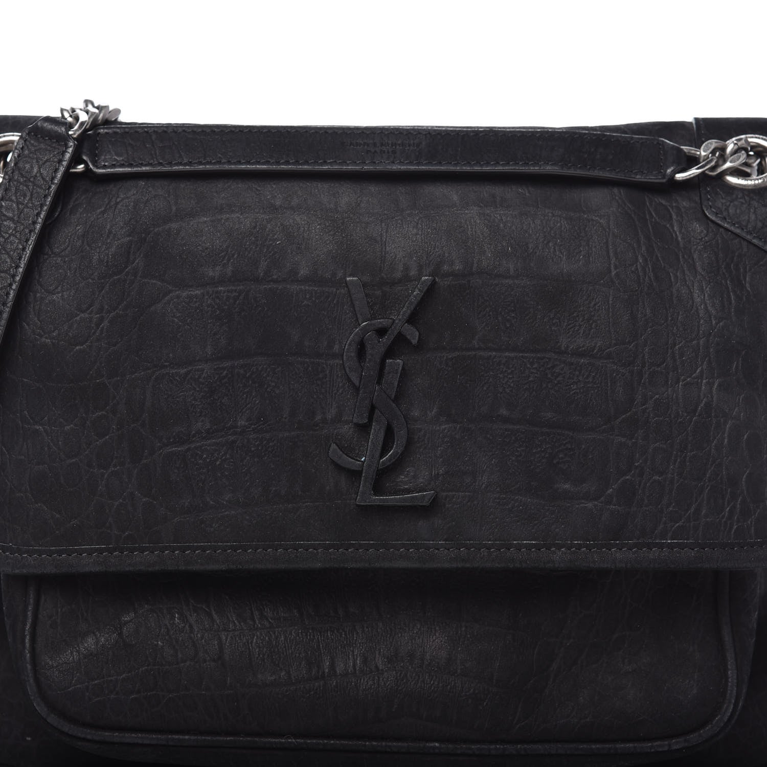 Saint Laurent Nubuck Crocodile Embossed Monogram Medium Niki Chain Satchel Black 10 of 10