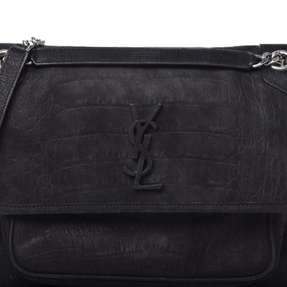 Saint Laurent Nubuck Crocodile Embossed Monogram Medium Niki Chain Satchel Black 10 of 10