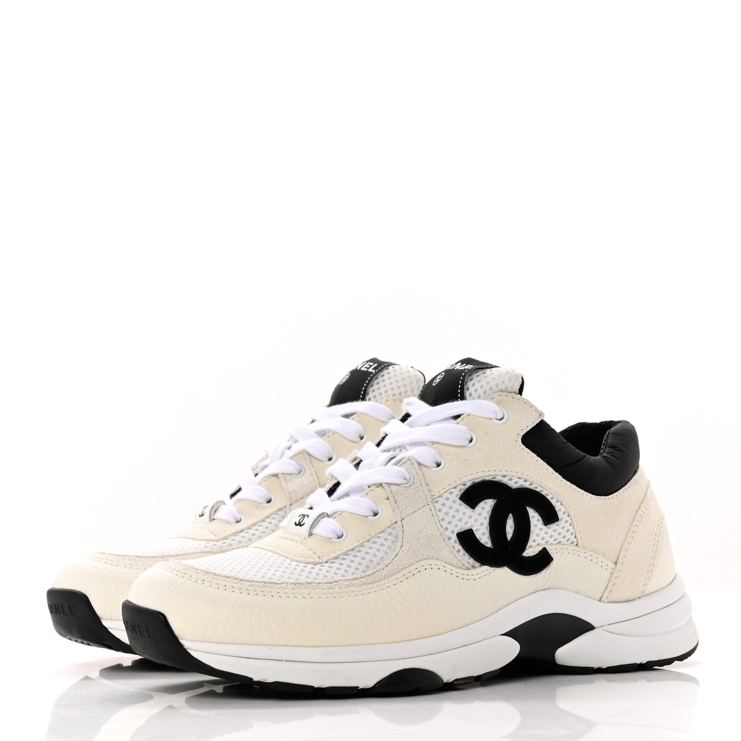 Chanel Mesh Suede Calfskin Grained Calfskin Womens CC Sneakers 39 White Black 3 of 8