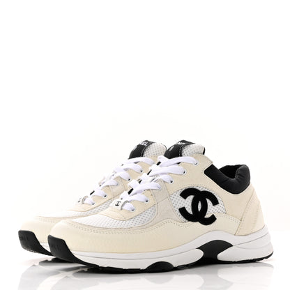 Chanel Mesh Suede Calfskin Grained Calfskin Womens CC Sneakers 39 White Black 3 of 8