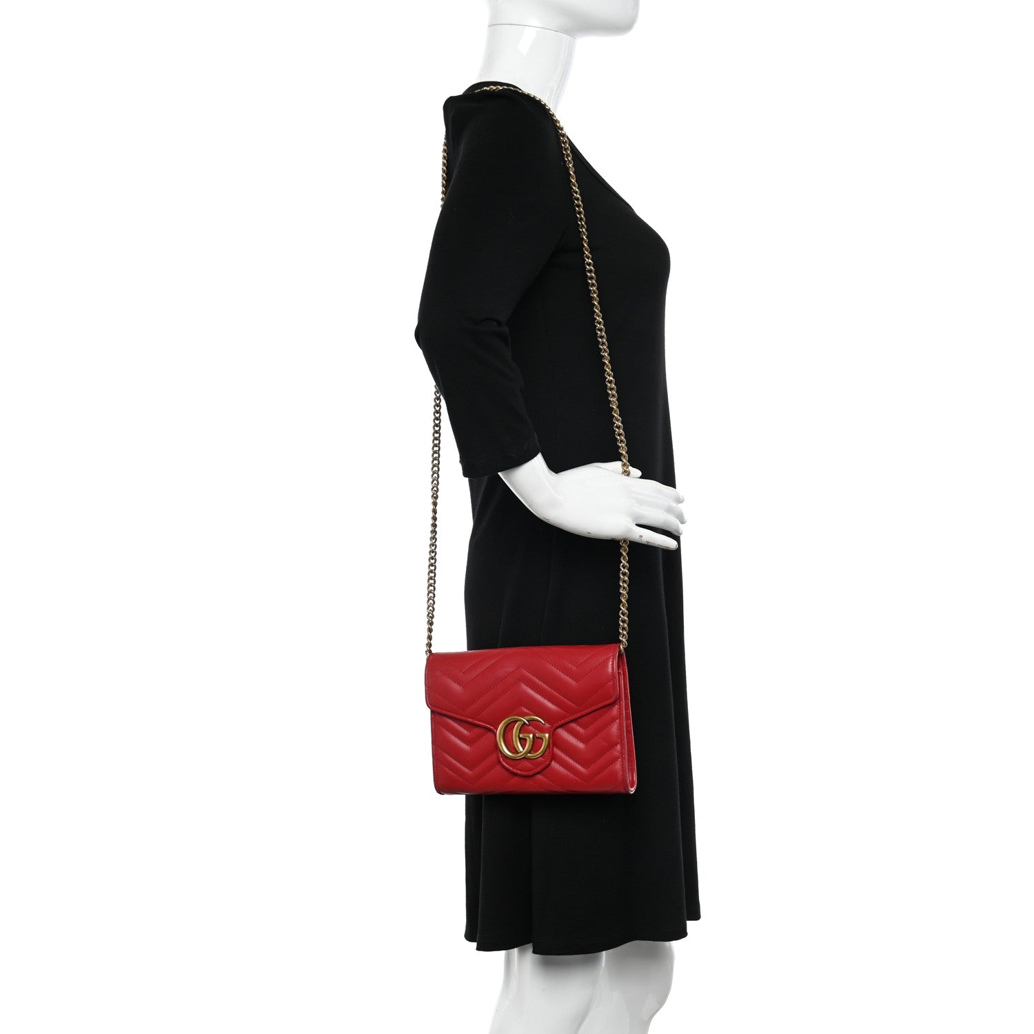 Gucci Calfskin Matelasse GG Marmont Chain Wallet Hibiscus Red 2 of 12