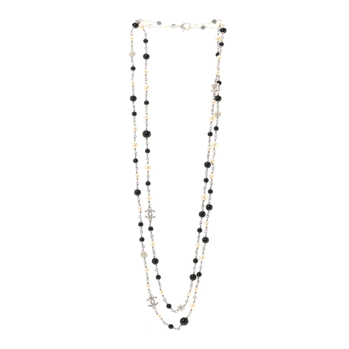 Pearl Crystal Bead CC Long Necklace Black