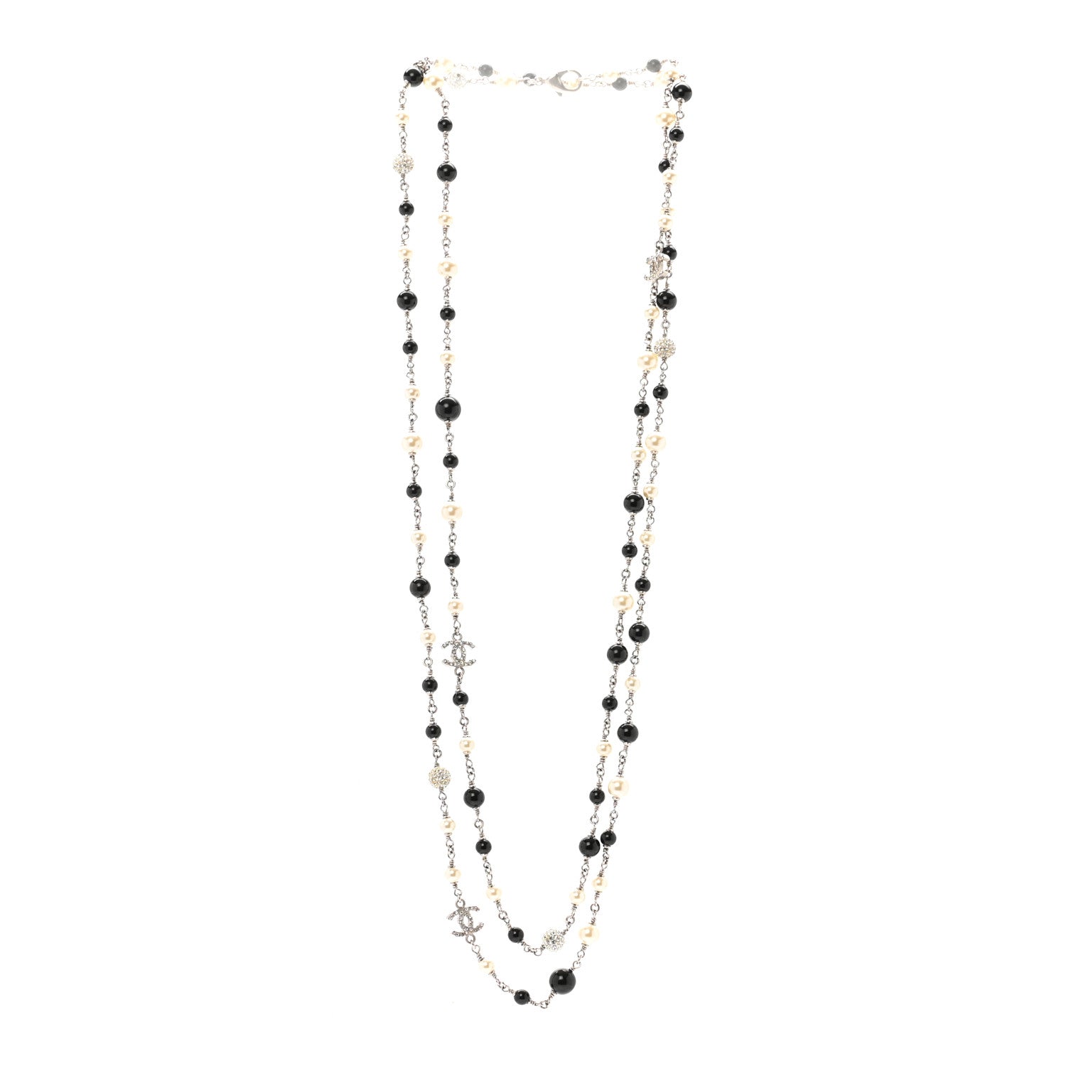 Chanel Pearl Crystal Bead CC Long Necklace Black 3 of 6