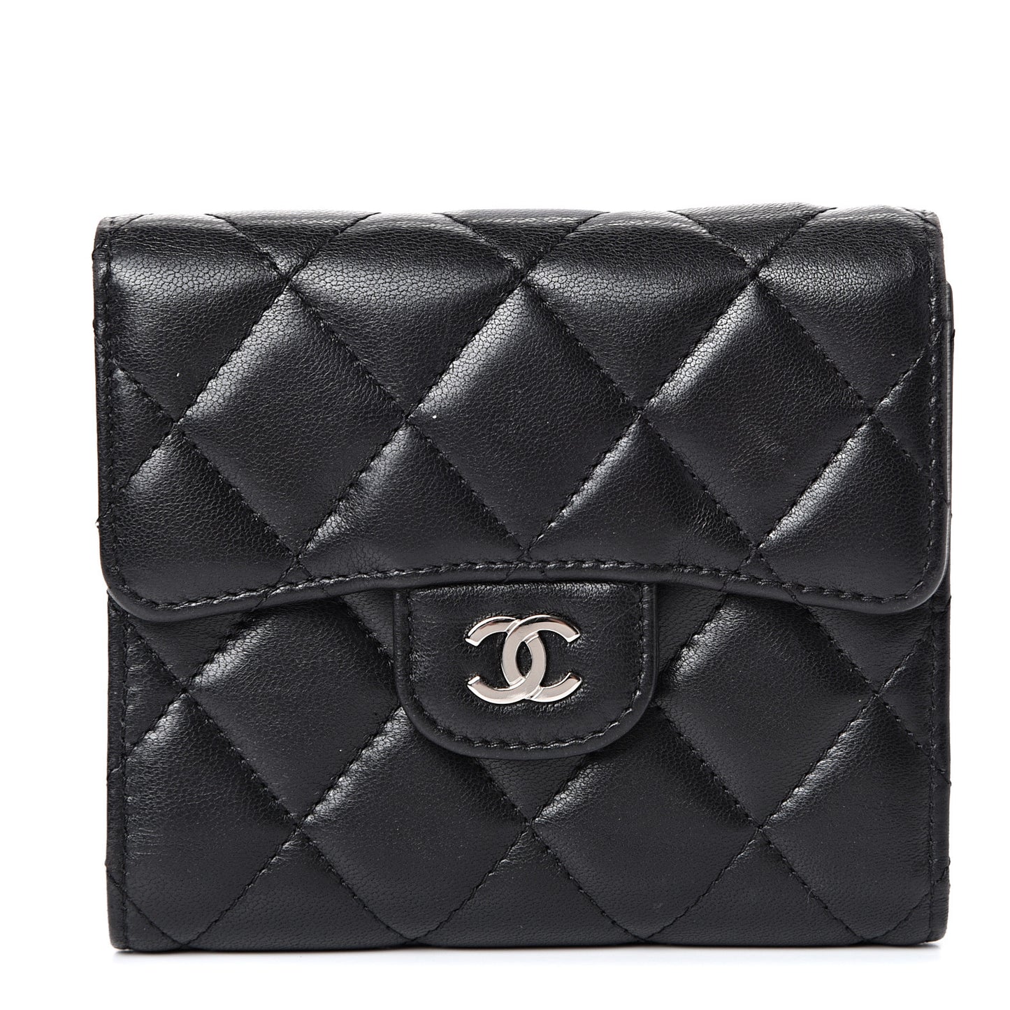 Lambskin Quilted Compact Flap Wallet Black
